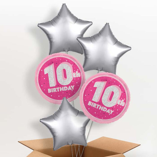Hot Pink and Silver 10th Birthday Helium Balloon in a Box - 5 Balloon | Party Save Smile