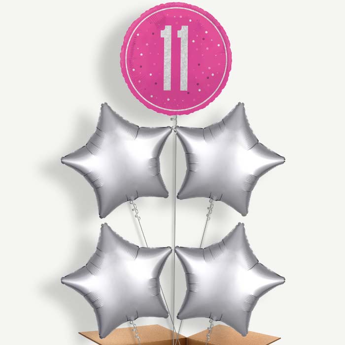 Hot Pink & Silver 11th Birthday Helium Cluster Balloons | Party Save Smile