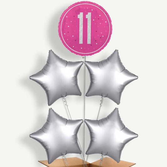 Hot Pink & Silver 11th Birthday Helium Cluster Balloons | Party Save Smile