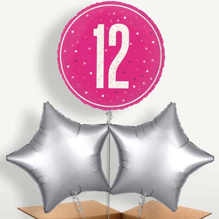 Hot Pink & Silver 12th Birthday Balloons in a Bunch | Party Save Smile