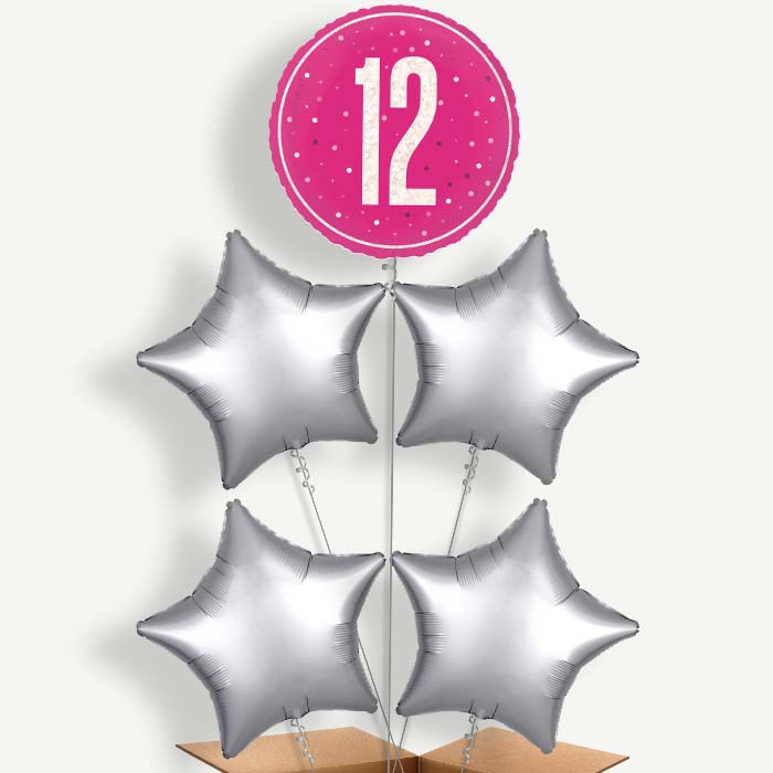 Hot Pink & Silver 12th Birthday Helium Cluster Balloons | Party Save Smile