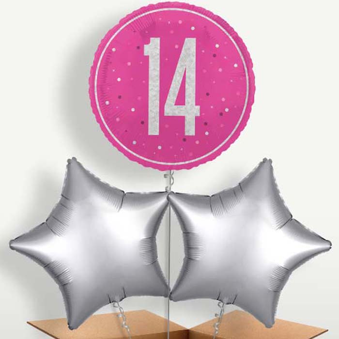 Hot Pink & Silver 14th Birthday Balloons in a Bunch | Party Save Smile