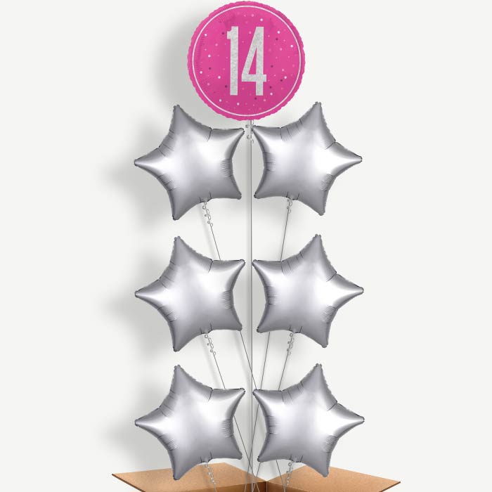 Hot Pink & Silver 14th Birthday Helium Balloon Arrangement | Party Save Smile