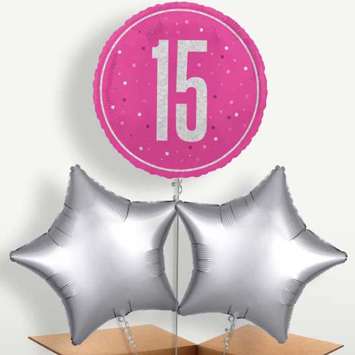 Hot Pink & Silver 15th Birthday Balloons in a Bunch | Party Save Smile