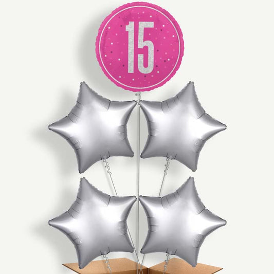 Hot Pink & Silver 15th Birthday Helium Cluster Balloons | Party Save Smile