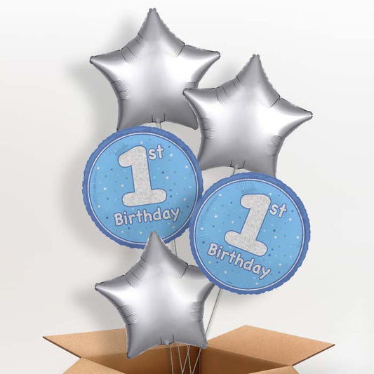 Blue and Silver 1st Birthday Helium Balloon in a Box - 5 Balloon | Party Save Smile