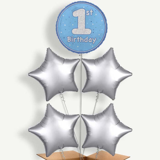 Blue & Silver 1st Birthday Helium Cluster Balloons | Party Save Smile