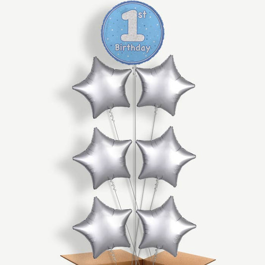 Blue & Silver 1st Birthday Helium Balloon Arrangement | Party Save Smile