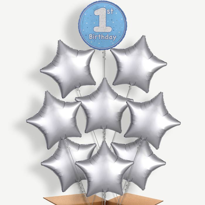 Blue & Silver 1st Birthday Helium Balloon Bundle | Party Save Smile