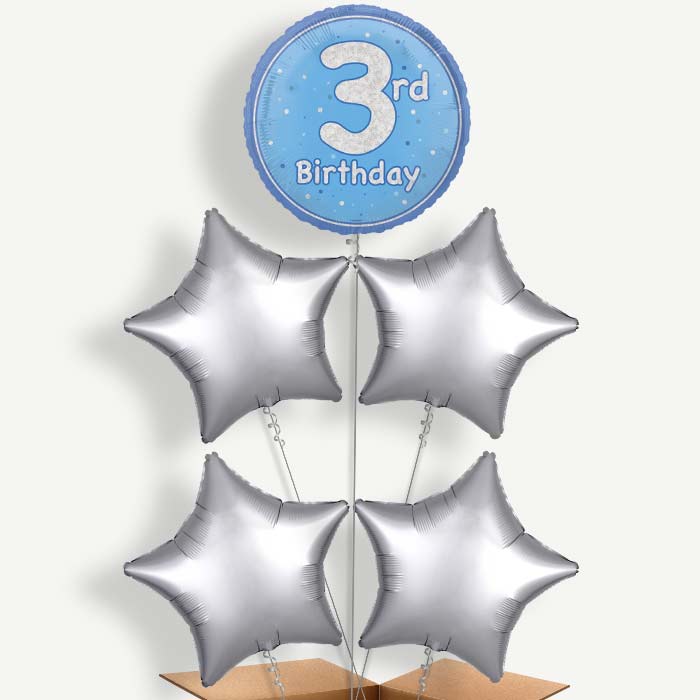 Blue & Silver 3rd Birthday Helium Cluster Balloons | Party Save Smile