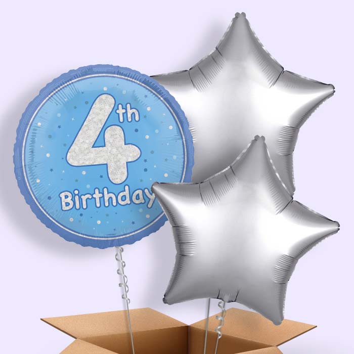 Blue and Silver 4th Birthday Helium Balloon in a Box - 3 Balloon | Party Save Smile