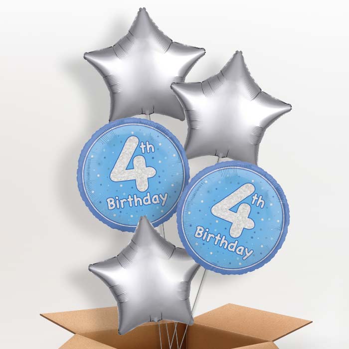 Blue and Silver 4th Birthday Helium Balloon in a Box - 5 Balloon | Party Save Smile