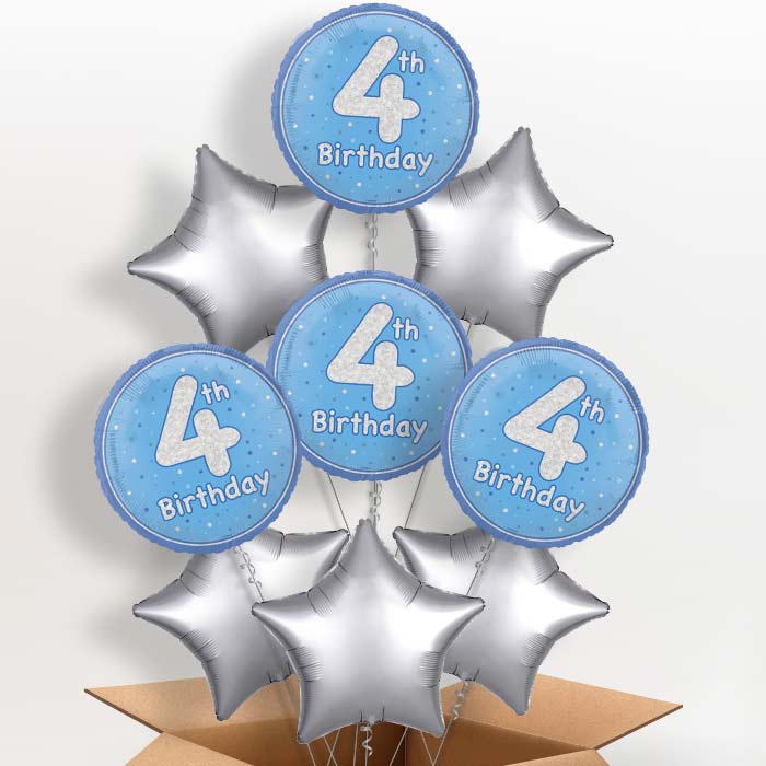 Blue and Silver 4th Birthday Helium Balloon in a Box