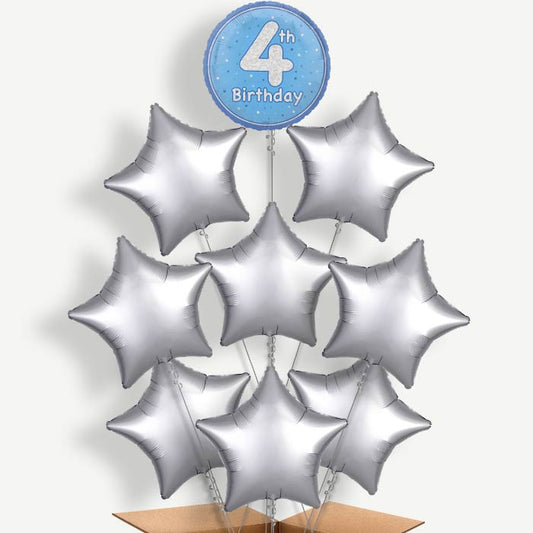 Blue & Silver 4th Birthday Helium Balloon Bundle | Party Save Smile