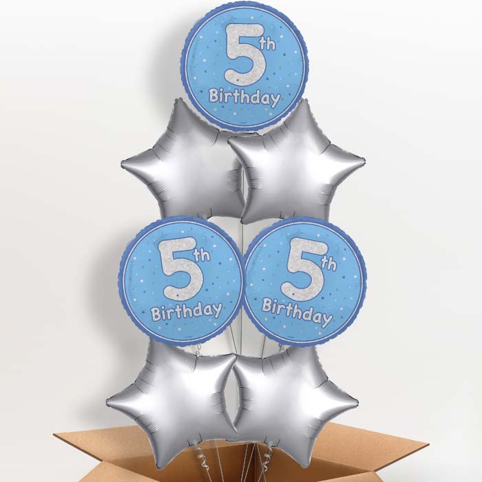 Blue and Silver 5th Birthday Helium Balloon in a Box