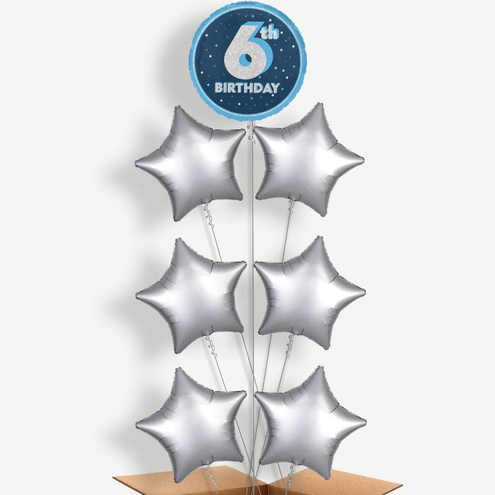 Navy Blue & Silver 6th Birthday Helium Balloon Arrangement | Party Save Smile