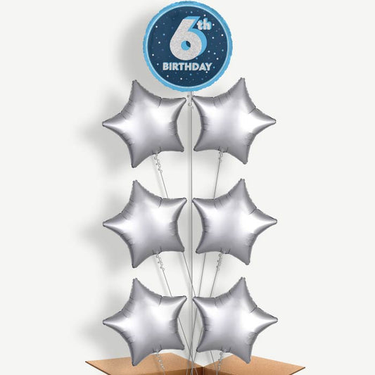 Navy Blue & Silver 6th Birthday Helium Balloon Arrangement | Party Save Smile