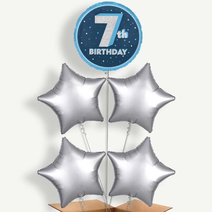 Navy Blue and Silver 7th Birthday Helium Cluster Balloons | Party Save Smile