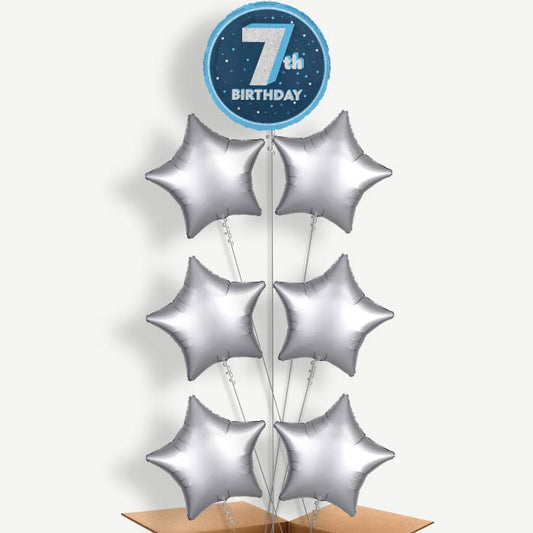 Navy Blue and Silver 7th Birthday Helium Balloon Arrangement | Party Save Smile