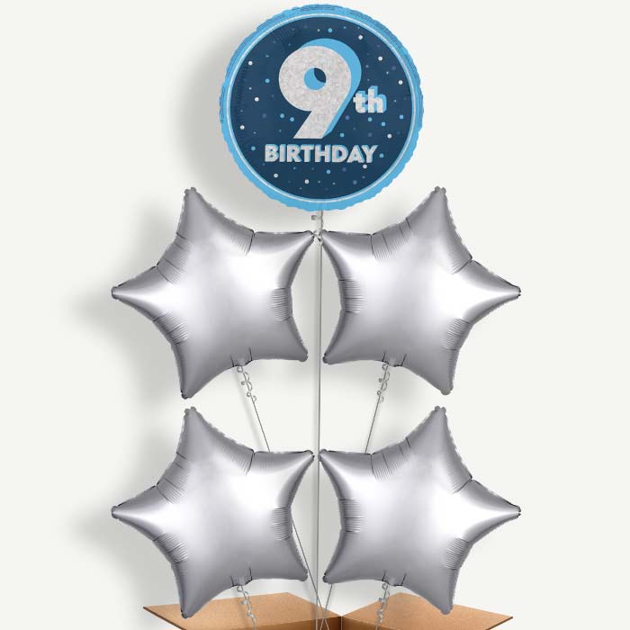 Navy Blue & Silver 9th Birthday Helium Cluster Balloons | Party Save Smile