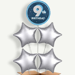 Navy Blue & Silver 9th Birthday 5 Helium Cluster Balloons