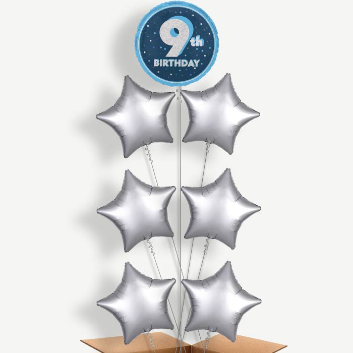 Navy Blue & Silver 9th Birthday Helium Balloon Arrangement | Party Save Smile