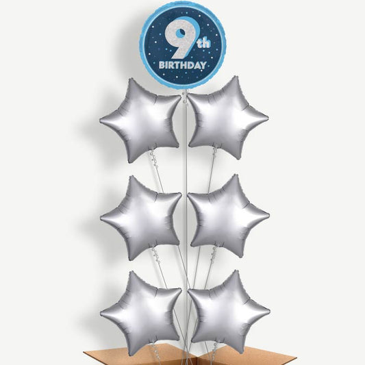 Navy Blue & Silver 9th Birthday Helium Balloon Arrangement | Party Save Smile