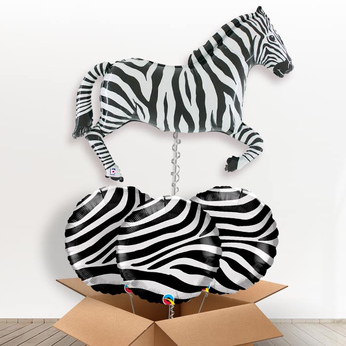 Zebra Shaped Helium Balloon in a Box Gift - With 3 Themed Balloons | Party Save Smile