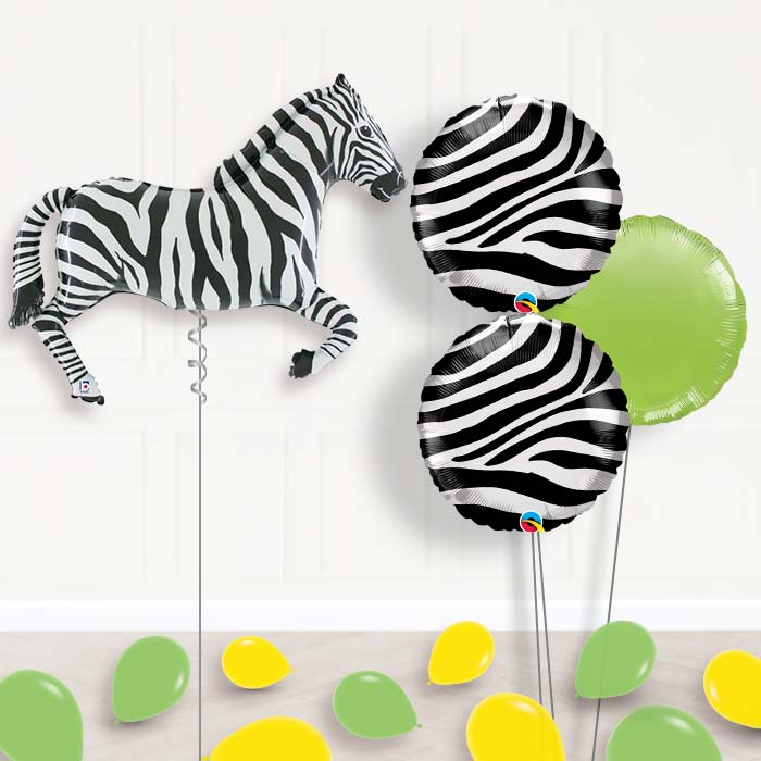Zebra Inflated Helium Balloons Delivered-Giant Balloon + 2 Themed Balloons + 1 Plain Balloon + Mini Balloons 