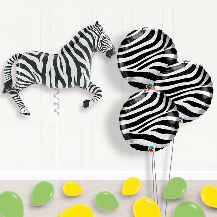 Zebra Inflated Helium Balloons Delivered - Themed Bouquet and Latex | Party Save Smile