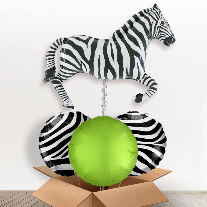 Zebra Shaped Helium Balloon in a Box Gift-1 x Giant Balloon and 2 Themed Balloons and 1 Plain Balloon 