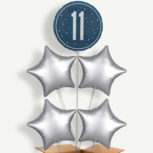 Navy Blue & Silver 11th Birthday Helium Cluster Balloons | Party Save Smile