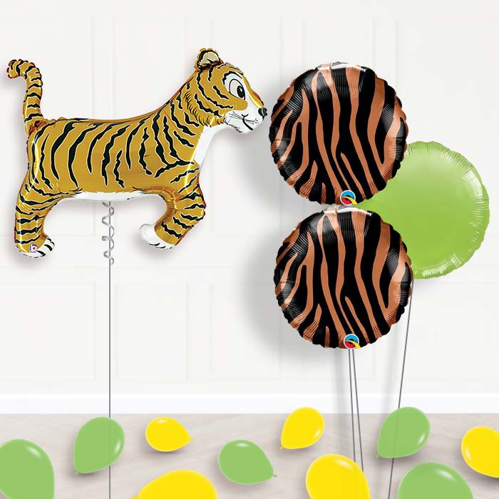 Tiger Helium Balloon Bouquet in a Box-Giant Balloon + 2 Themed Balloons + 1 Plain Balloon + Mini Balloons 