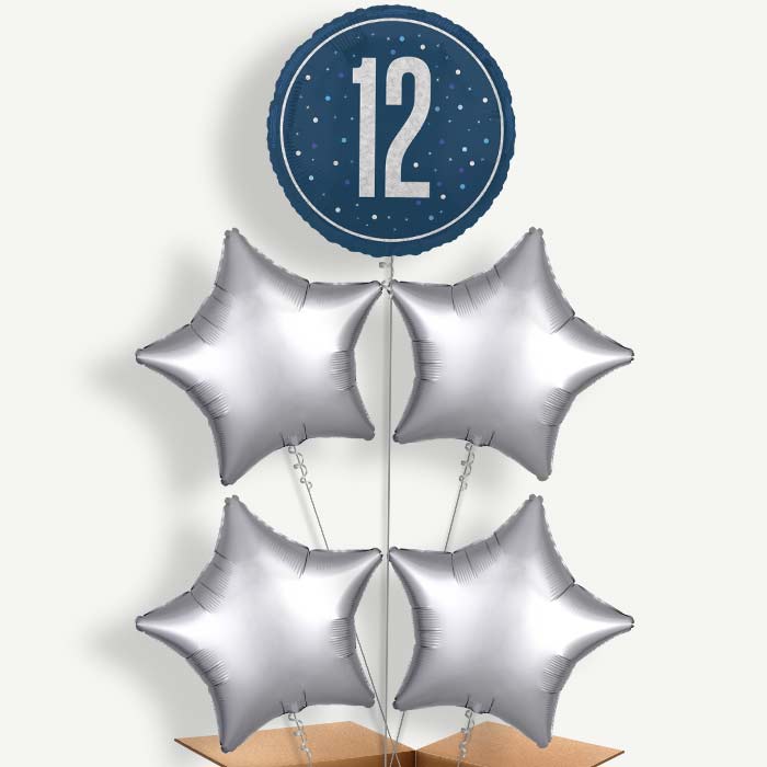 Navy Blue & Silver 12th Birthday Helium Cluster Balloons | Party Save Smile