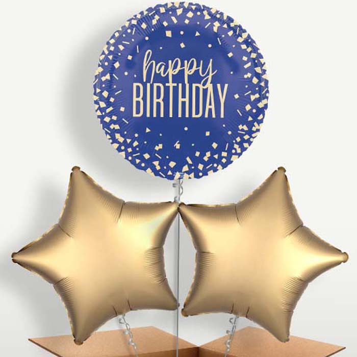 Navy Blue & Gold Confetti Happy Birthday Balloon Bunches | Party Save Smile