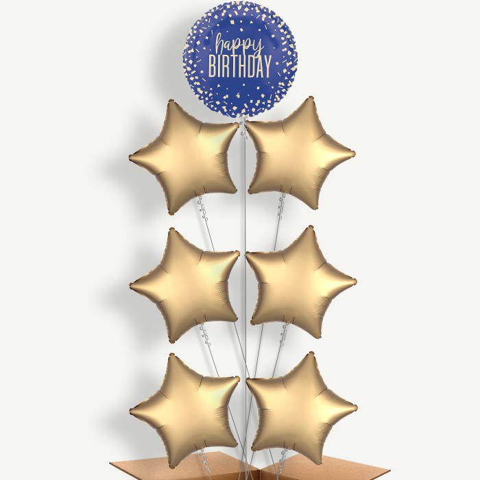 Navy Blue & Gold Confetti Happy Birthday Balloon Arrangement | Party Save Smile