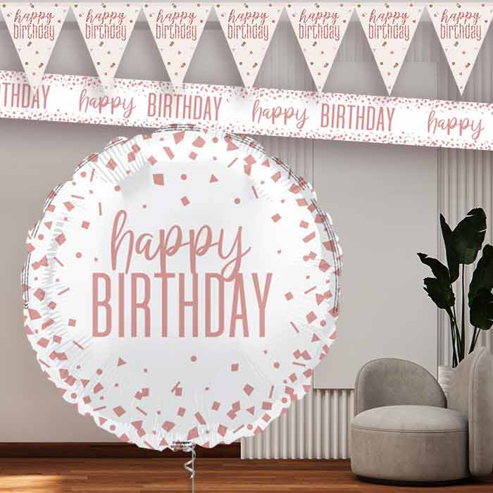 Rose Gold Confetti Birthday Balloon and Banners