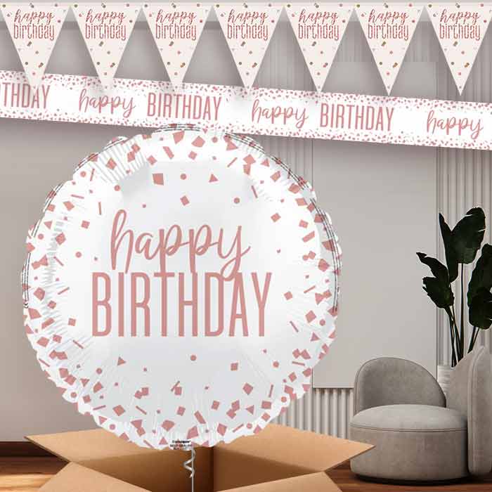 Rose Gold Confetti Birthday Balloon and Banners | Party Save Smile