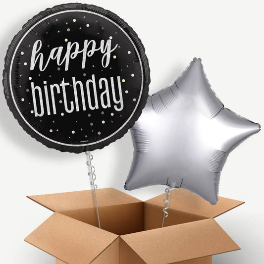 Black and Silver Happy Birthday Helium Balloon Two | Party Save Smile