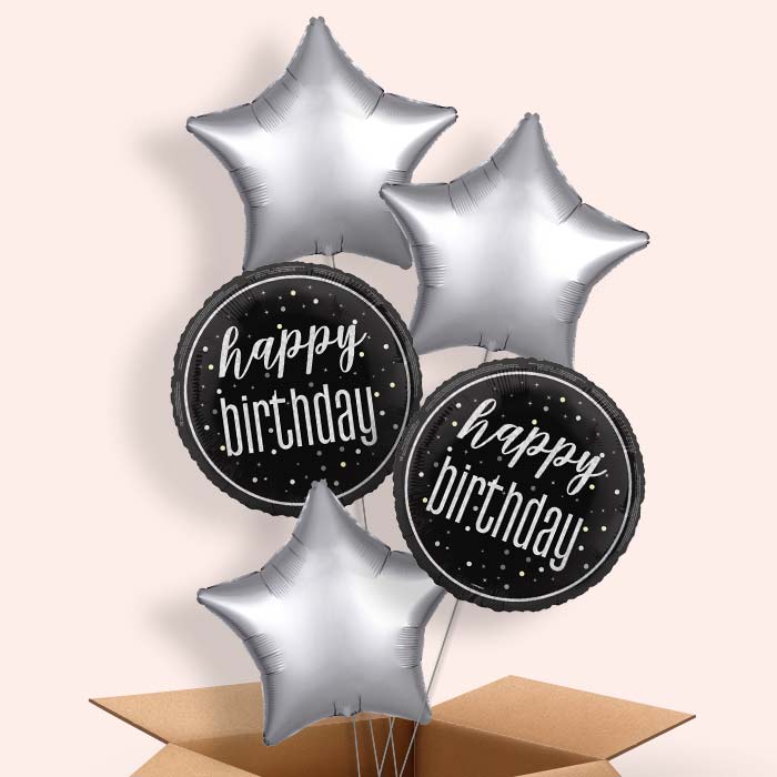 Black and Silver Happy Birthday Helium Balloon in a Box - 5 Balloon | Party Save Smile