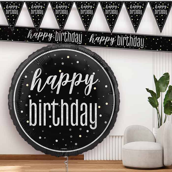 Black and Silver Happy Birthday Banner and Balloon