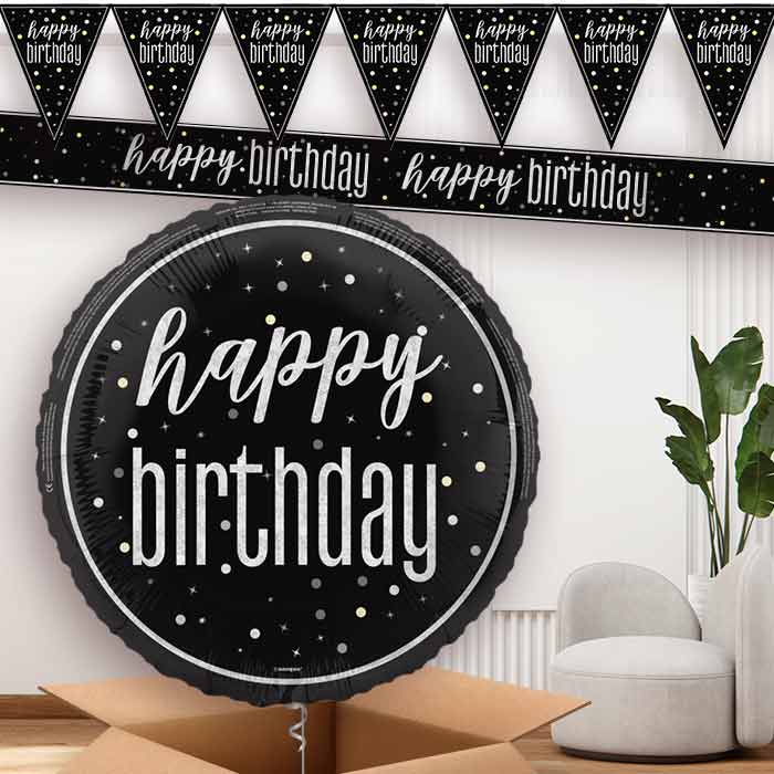 Black and Silver Happy Birthday Banner and Balloon | Party Save Smile