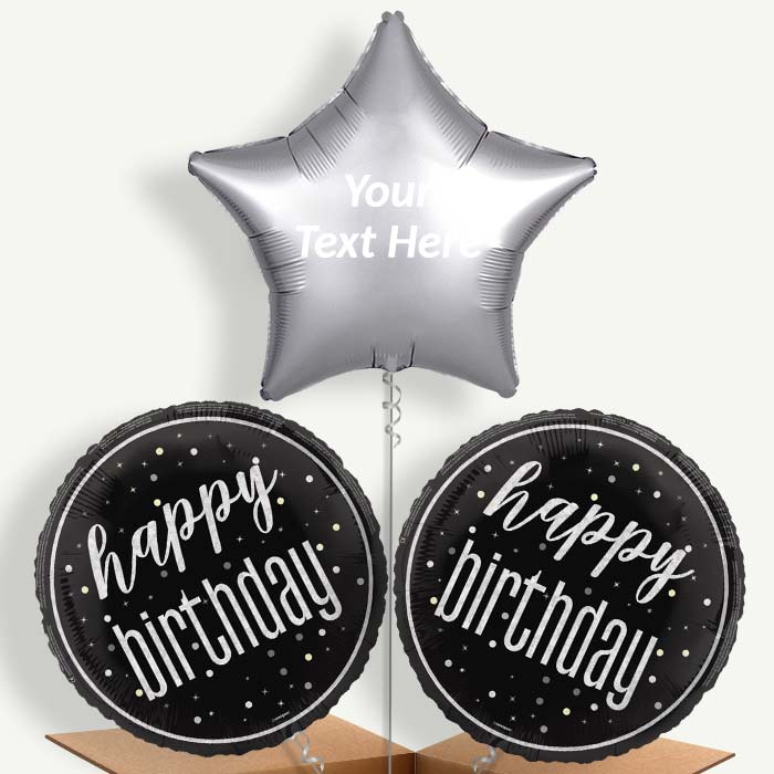 Personalisable Black & Silver Birthday Helium Balloons | Party Save Smile