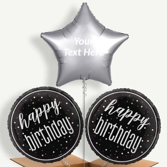 Personalisable Black & Silver Birthday Helium Balloons | Party Save Smile