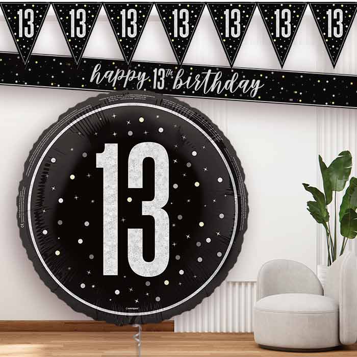 Black and Silver 13th Birthday Balloon and Banners