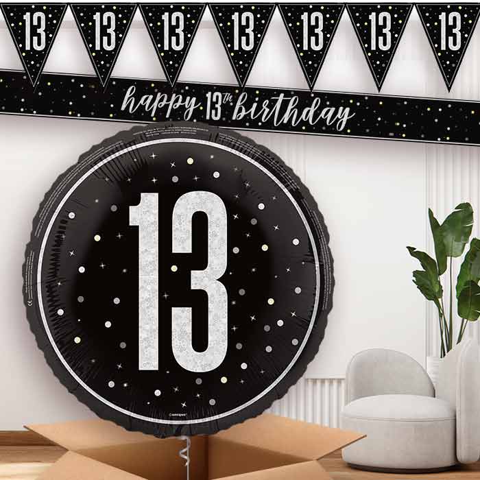 Black and Silver 13th Birthday Balloon and Banners | Party Save Smile