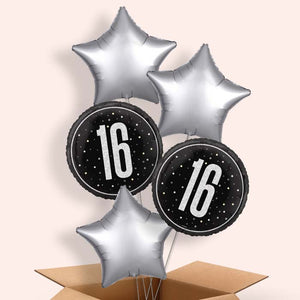 Black and Silver 16th Birthday Helium Balloon in a Box