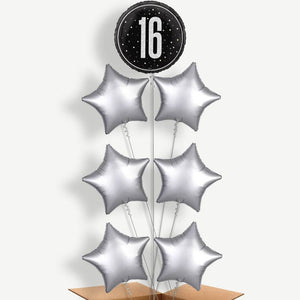Black & Silver 16th Birthday 7 Helium Balloon Arrangement