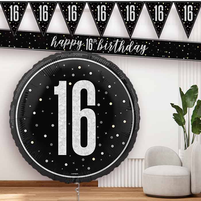 Black and Silver 16th Balloon and Banners