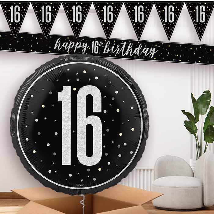 Black and Silver 16th Balloon and Banners | Party Save Smile